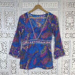 Sheer Paisley Floral Babydoll Blouse Sz XXS/XS Bell Sleeve Y2K Quarter Sleeve
